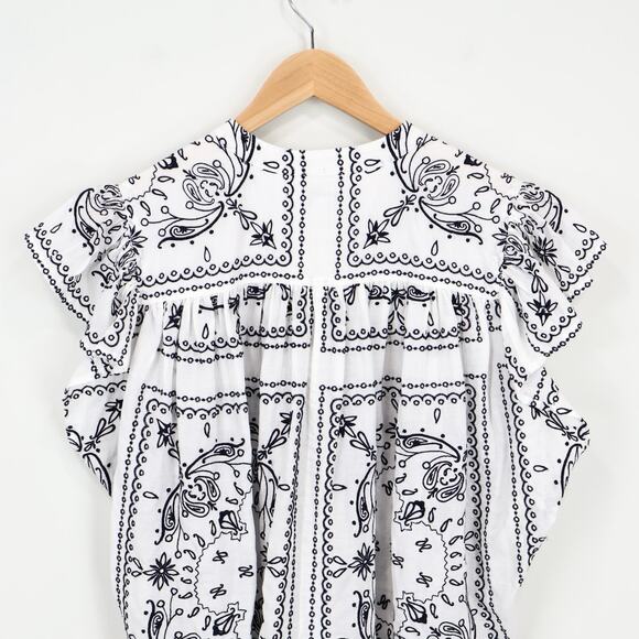 NWT Madewell Embroidered Poplin Shirred Button-Up Shirt White Dark Navy Medium - Picture 6 of 10